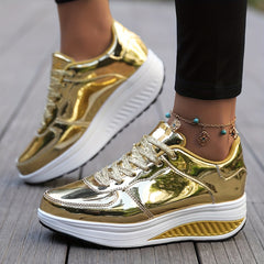 Metallic Lace-up Wedge Sneakers Low Walking Shoes