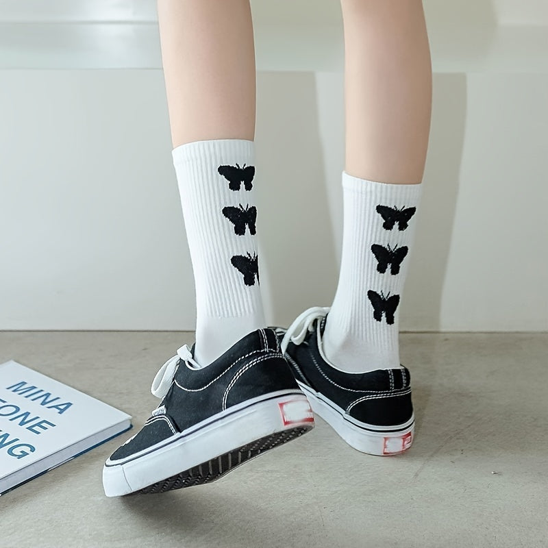 6 Pairs Butterfly Print Mid Tube Socks Women's Stockings