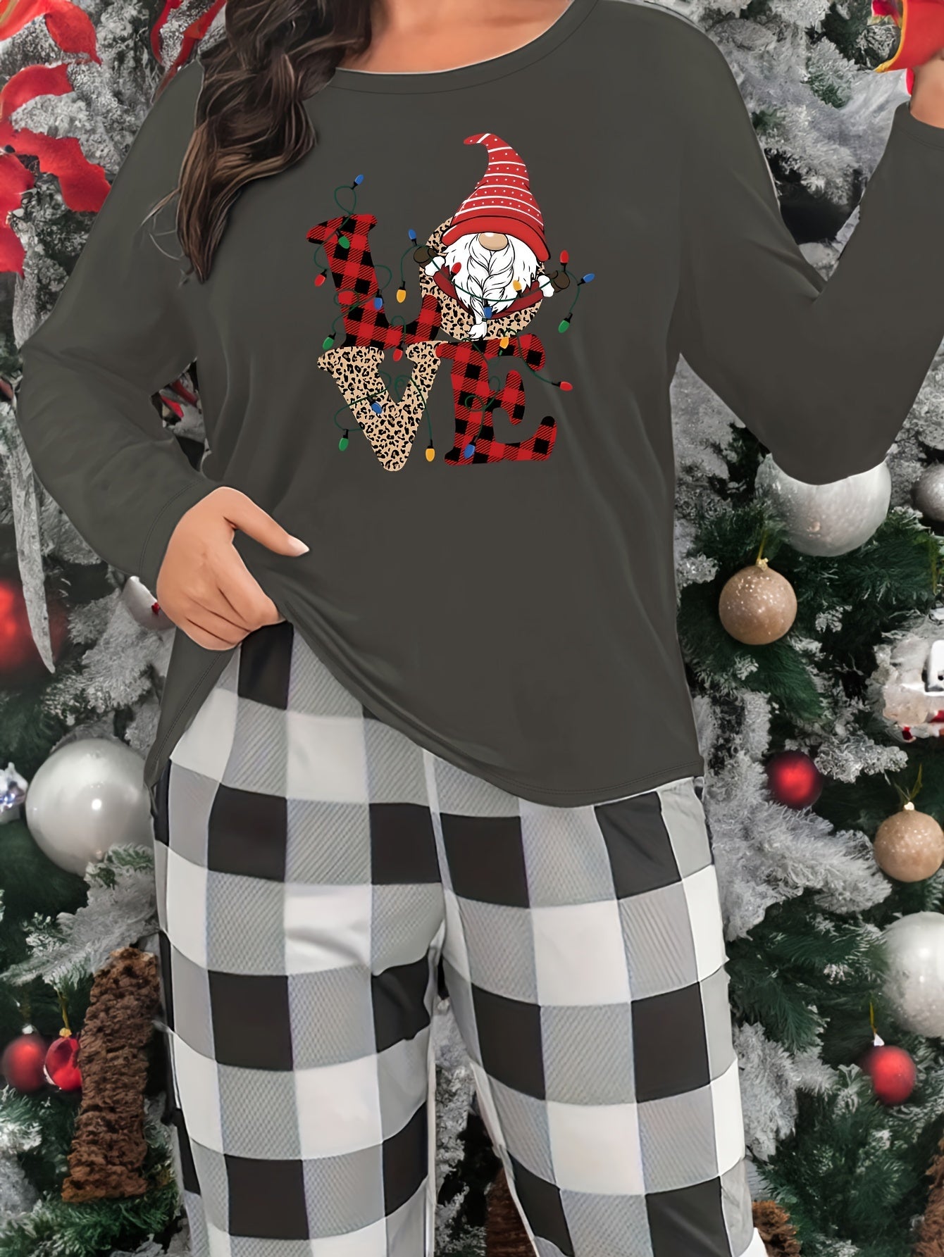 Christmas Hat Print Lounge Top Long Sleeve Crew Neck Women's Loungewear