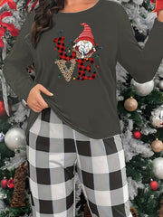 Christmas Hat Print Lounge Top Long Sleeve Crew Neck Women's Loungewear