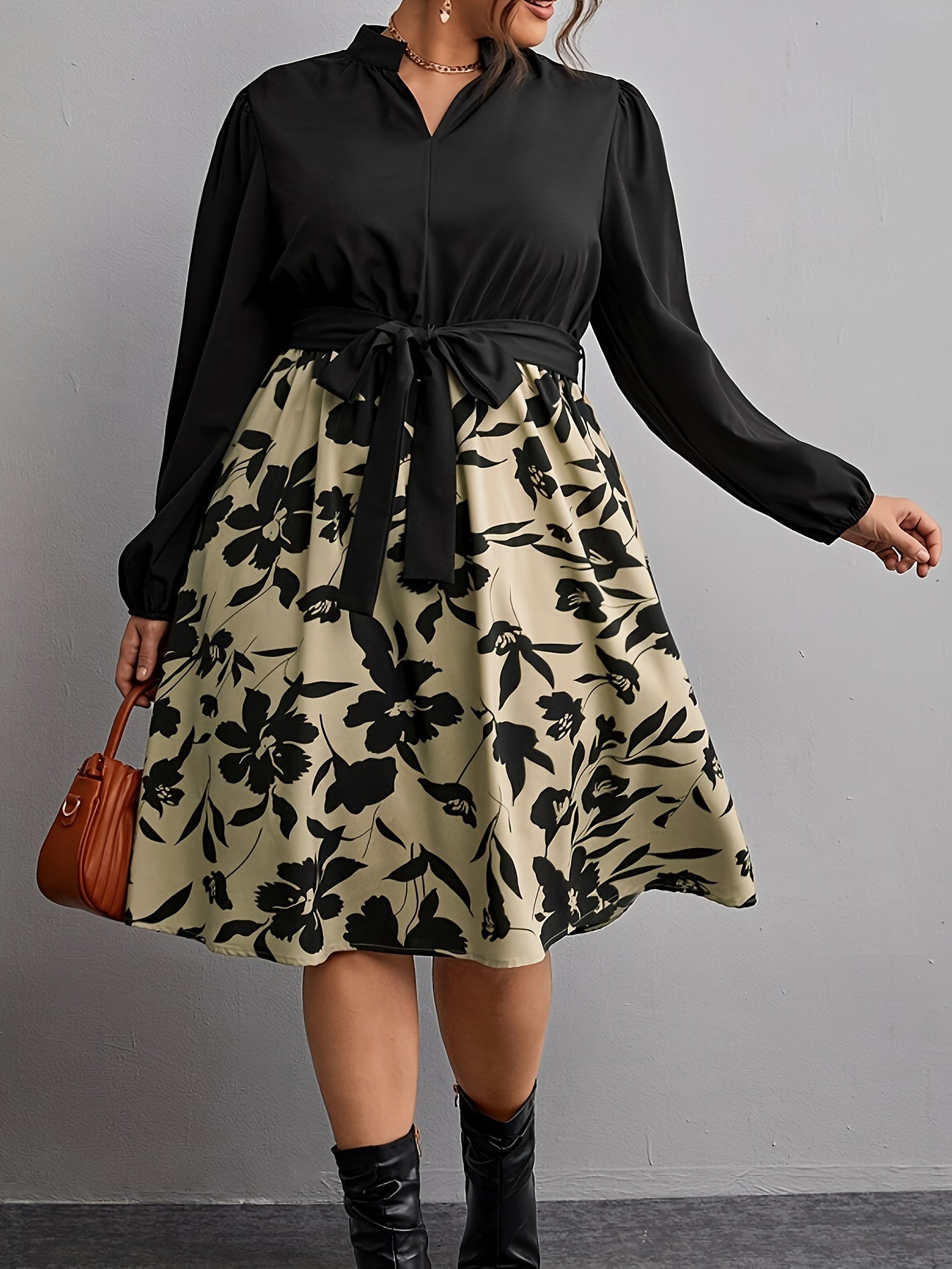 Floral Print Lantern Sleeve Plus Size Dress With Belt