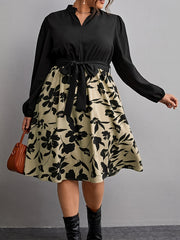 Floral Print Lantern Sleeve Plus Size Dress With Belt