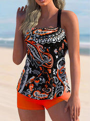 Boho Tankini Set Paisley Print Square Neck Cami Top & Shorts Swimsuit
