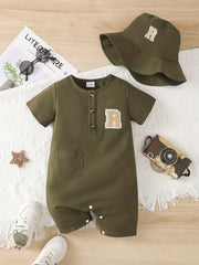 2pcs Baby Boys Short Sleeve Romper & Hat Set