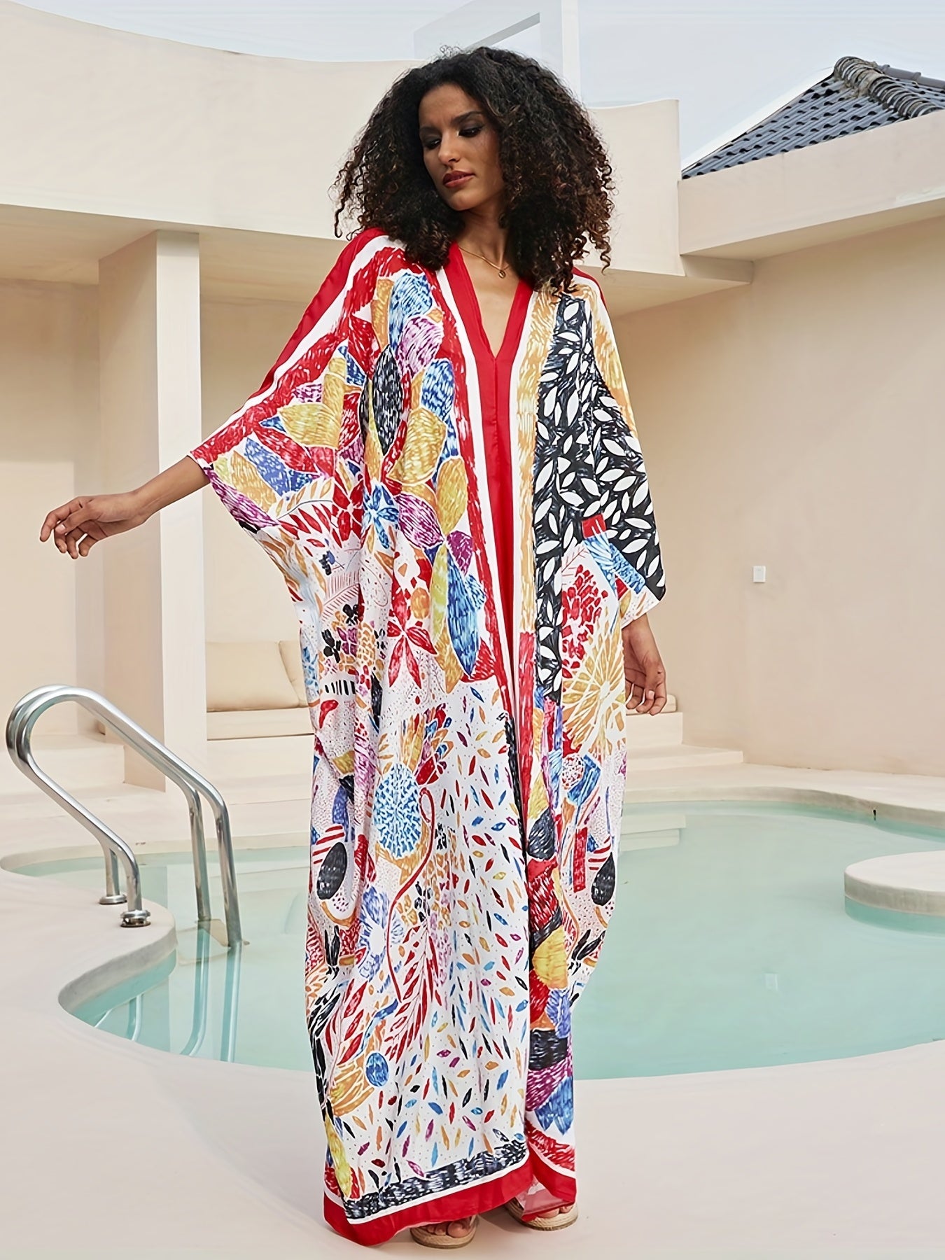 Colorblock Floral Print V Neck Maxi Cover Up