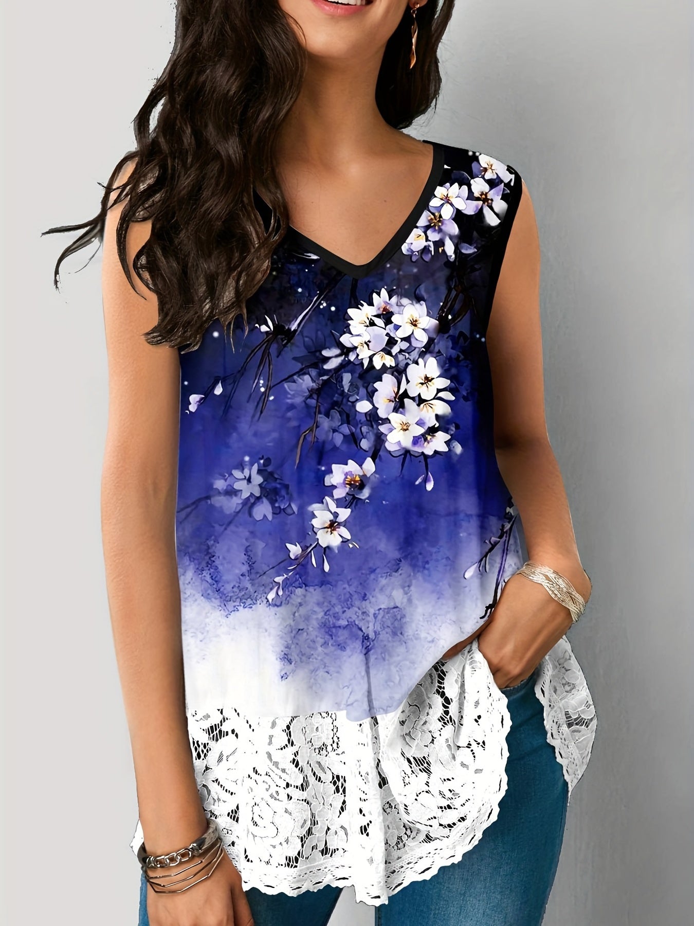 Floral Print V Neck Tank Top Sleeveless Summer Casual Women's Clothing