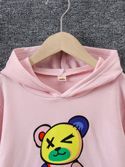 Girls Bear Print Hooded Sweatshirt Long Sleeve Pullover Casual Hoodie