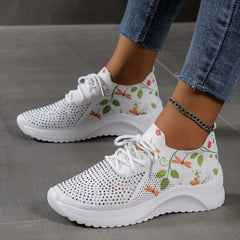 Dragonfly Print Knit Sports Shoes Rhinestone Decor Low Top Running Shoes