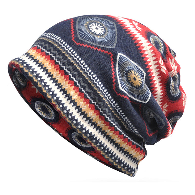 Boho Vintage Print Beanie Cap Elastic Skull Lightweight Warm Headwear