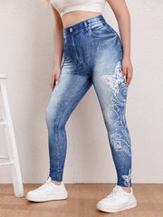 Casual Butterfly & Denim Print High Rise Leggings