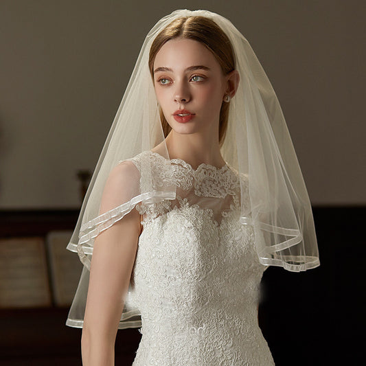 Double Layer Tulle Bridal Veil with Ruffled Edge Soft Nylon Wedding
