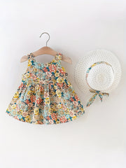 2pcs Baby Girls Floral Print Sleeveless Dress & Hat Set