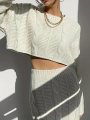 Twist Pattern Knitted Two piece Set Long Sleeve Crop Top & Split Maxi Skirt