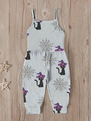 Toddler Girls Witch Hat Prints Halloween Cami Jumpsuit Romper