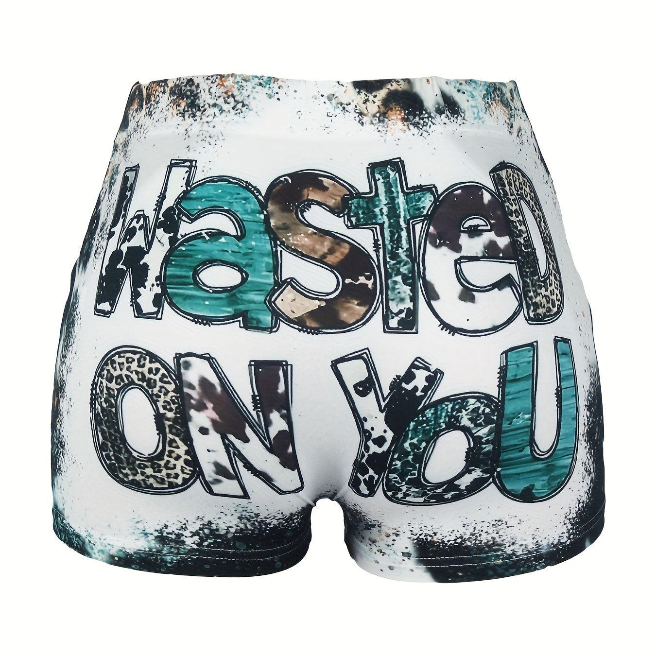 Letter & Leopard Print Skinny Shorts Casual Shorts For Spring & Summer