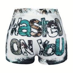 Letter & Leopard Print Skinny Shorts Casual Shorts For Spring & Summer