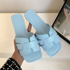 Women's Solid Slide Sandals Lightweight Square Open Toe Slip On Shoes