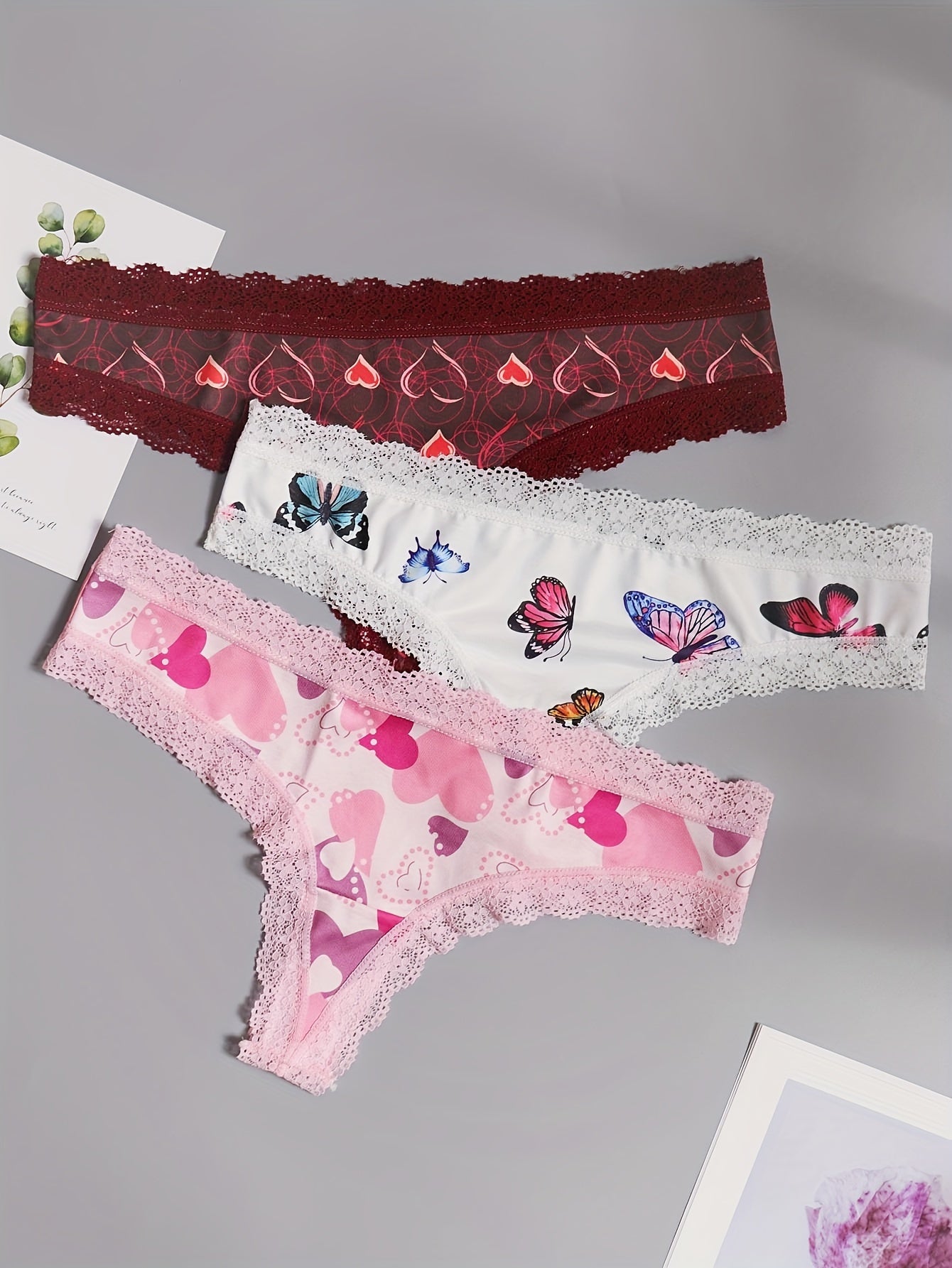 3 Pack Plus Size Butterfly & Heart Print Tanga Panty Set