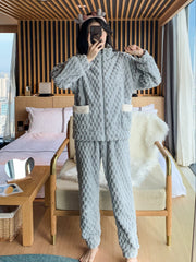 Bear Print Fuzzy Lounge Set Long Sleeve Zipper Top & Pants