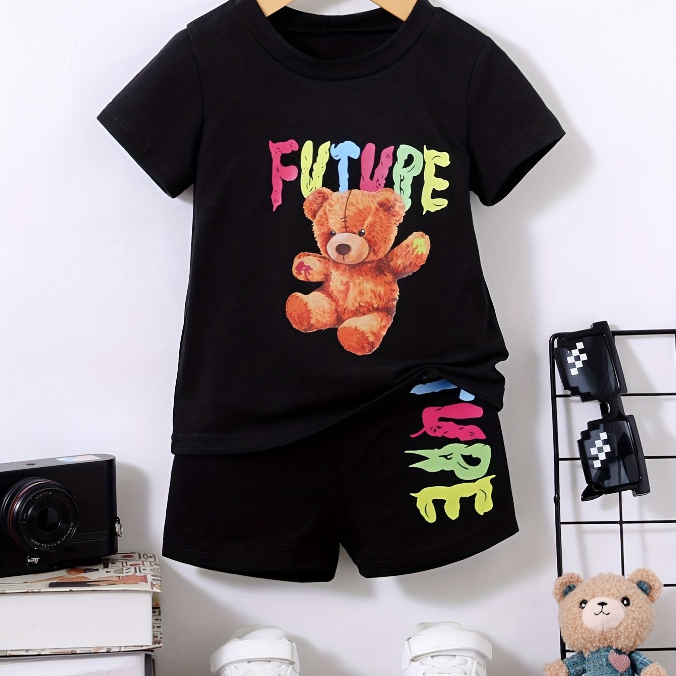 Colorful FUTURE Print 2pcs T shirt & Shorts Set Kids Clothes For Summer