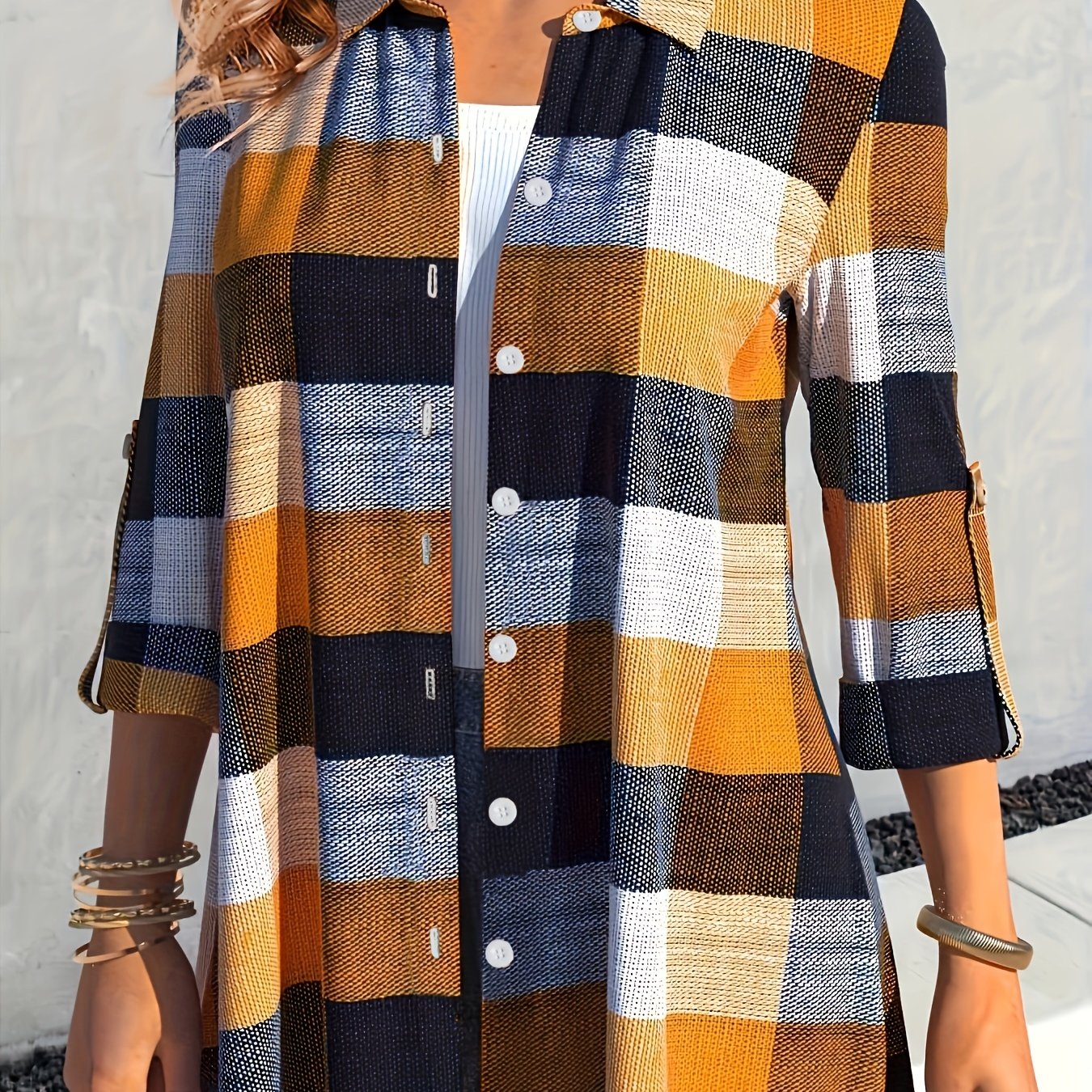 Plus Size Colorblock Grid Print Button Up Roll Sleeve Blouse