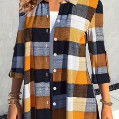 Plus Size Colorblock Grid Print Button Up Roll Sleeve Blouse