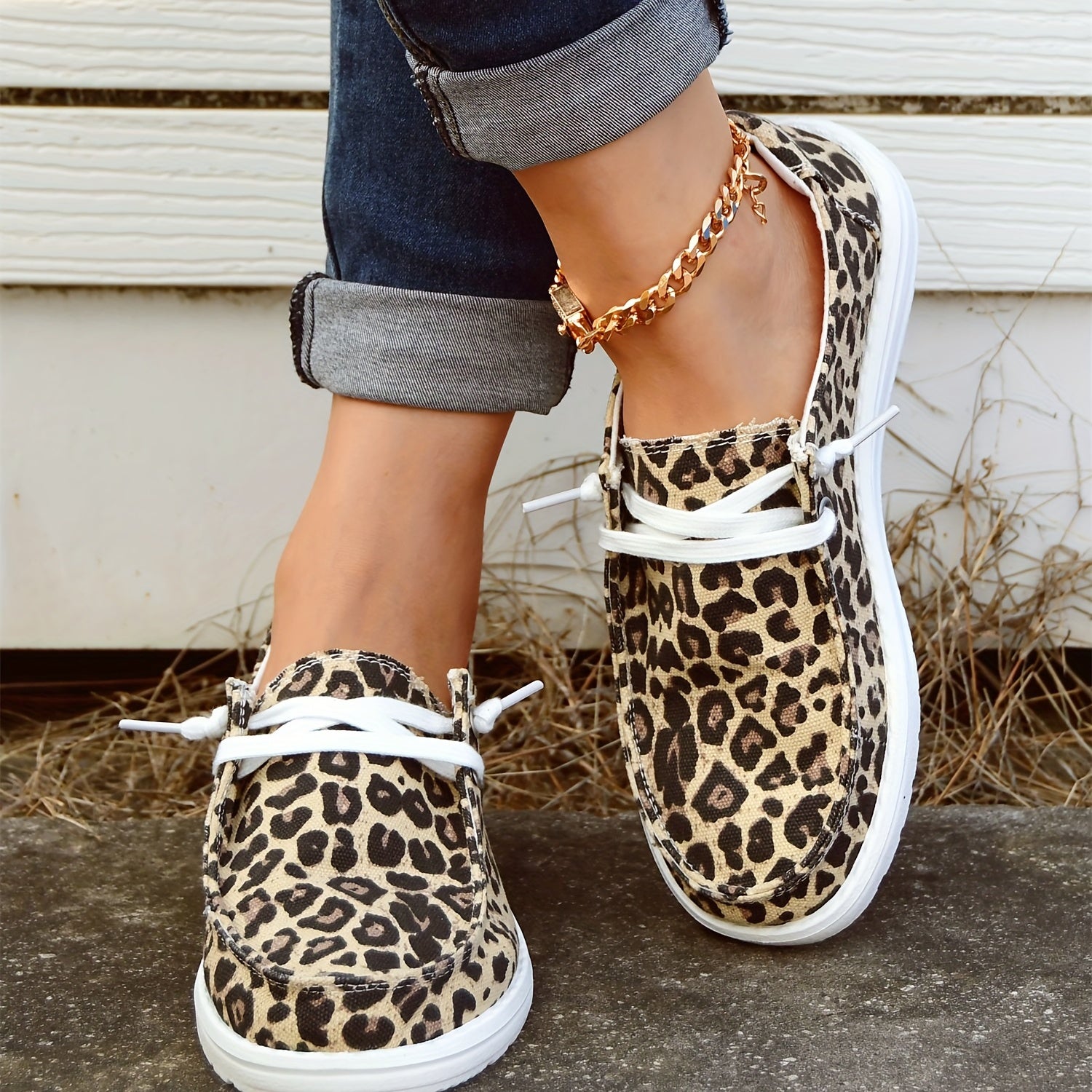 Leopard Print Boat Shoes Lace Up Flat Canvas Shoes