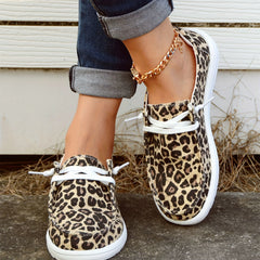 Leopard Print Boat Shoes Lace Up Flat Canvas Shoes