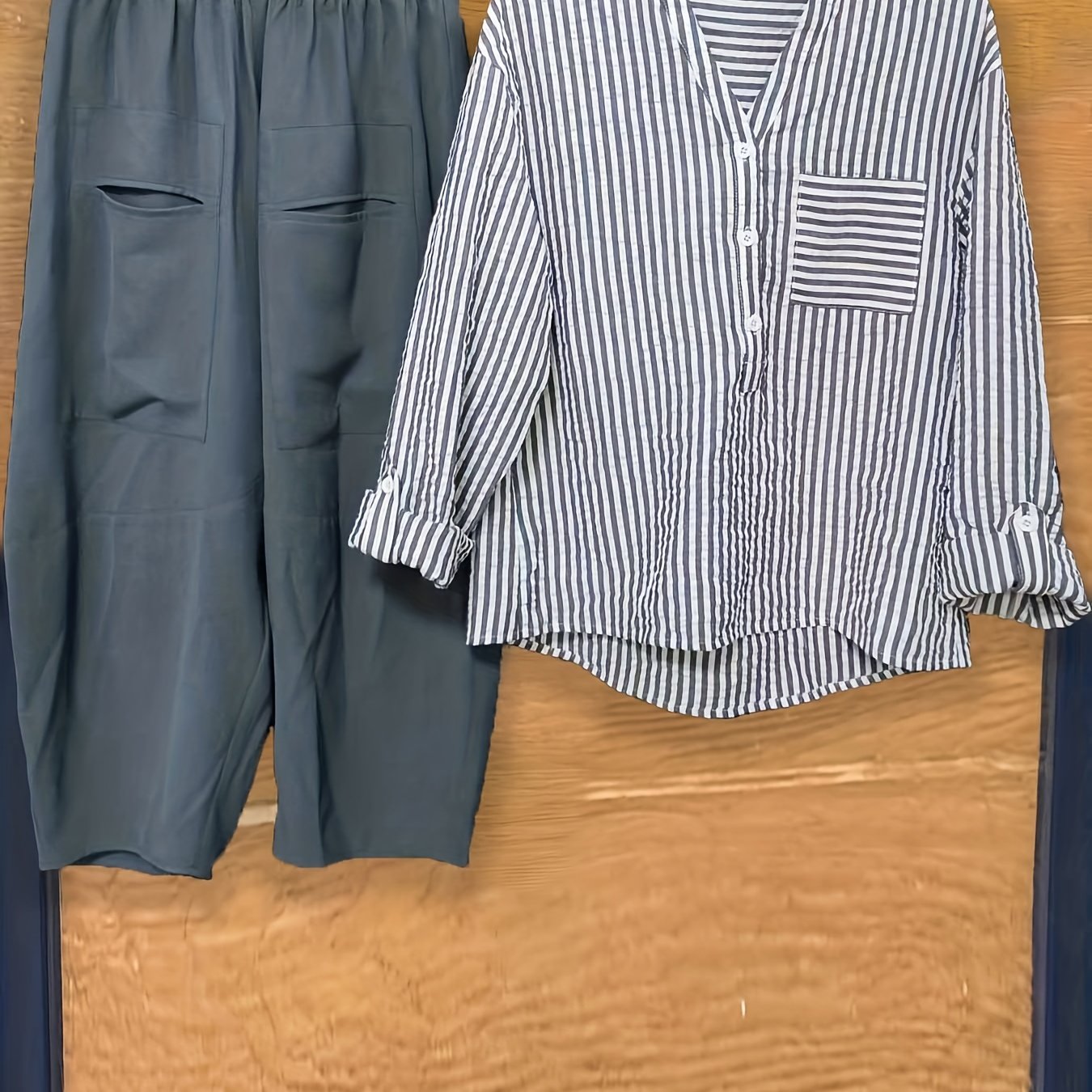 Striped Print Button Blouse & Wide Leg Pants Set