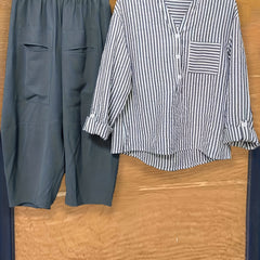 Striped Print Button Blouse & Wide Leg Pants Set