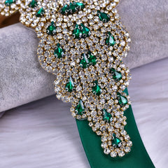 Green Satin Ribbon Belt with Rhinestone and Pearl Embellishments