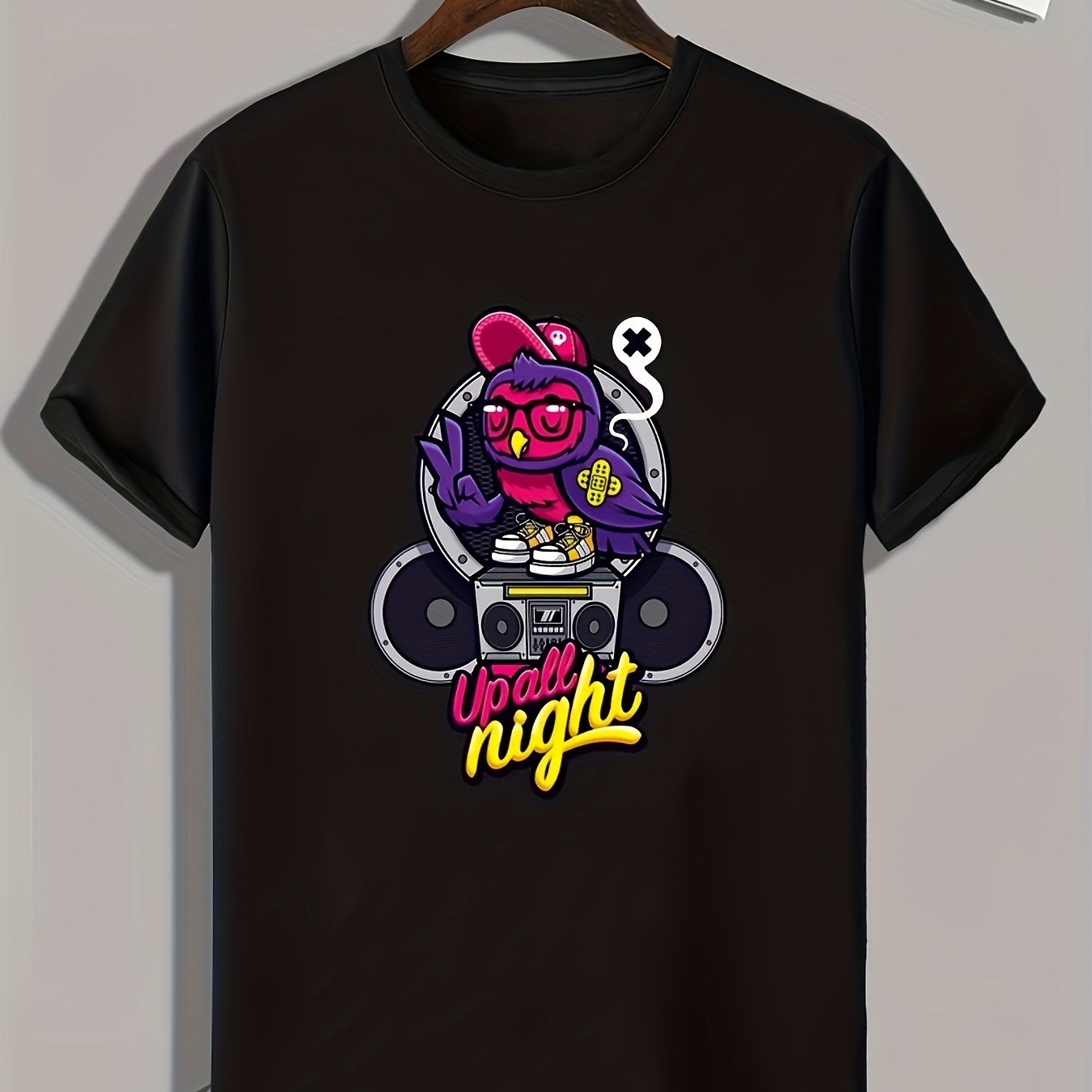 Cartoon 'Up All Night' Print Men's Graphic T-shirt for Summer
