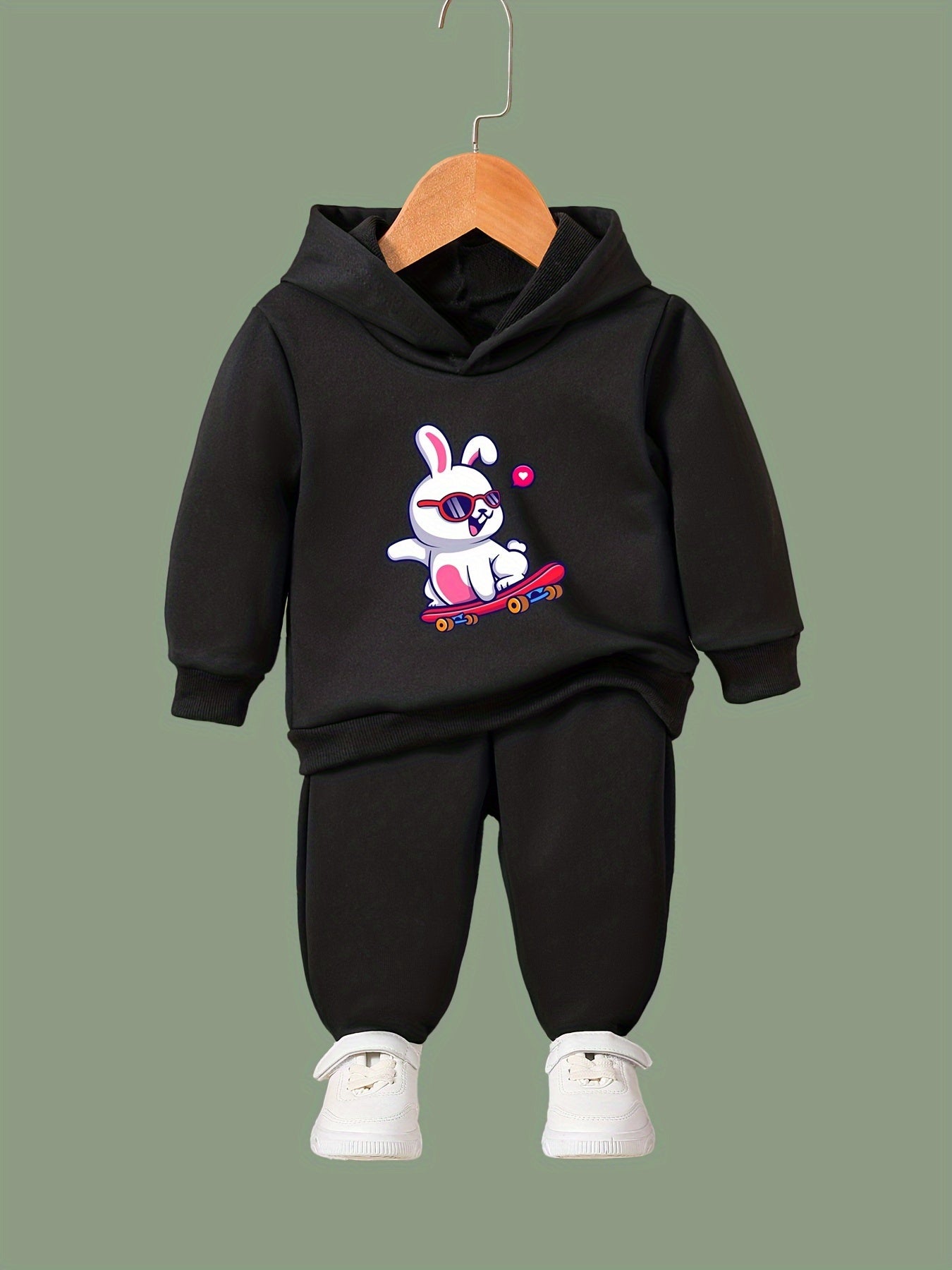 Skate Bunny Print Hooded Pullover Pants Set for Girls Boys