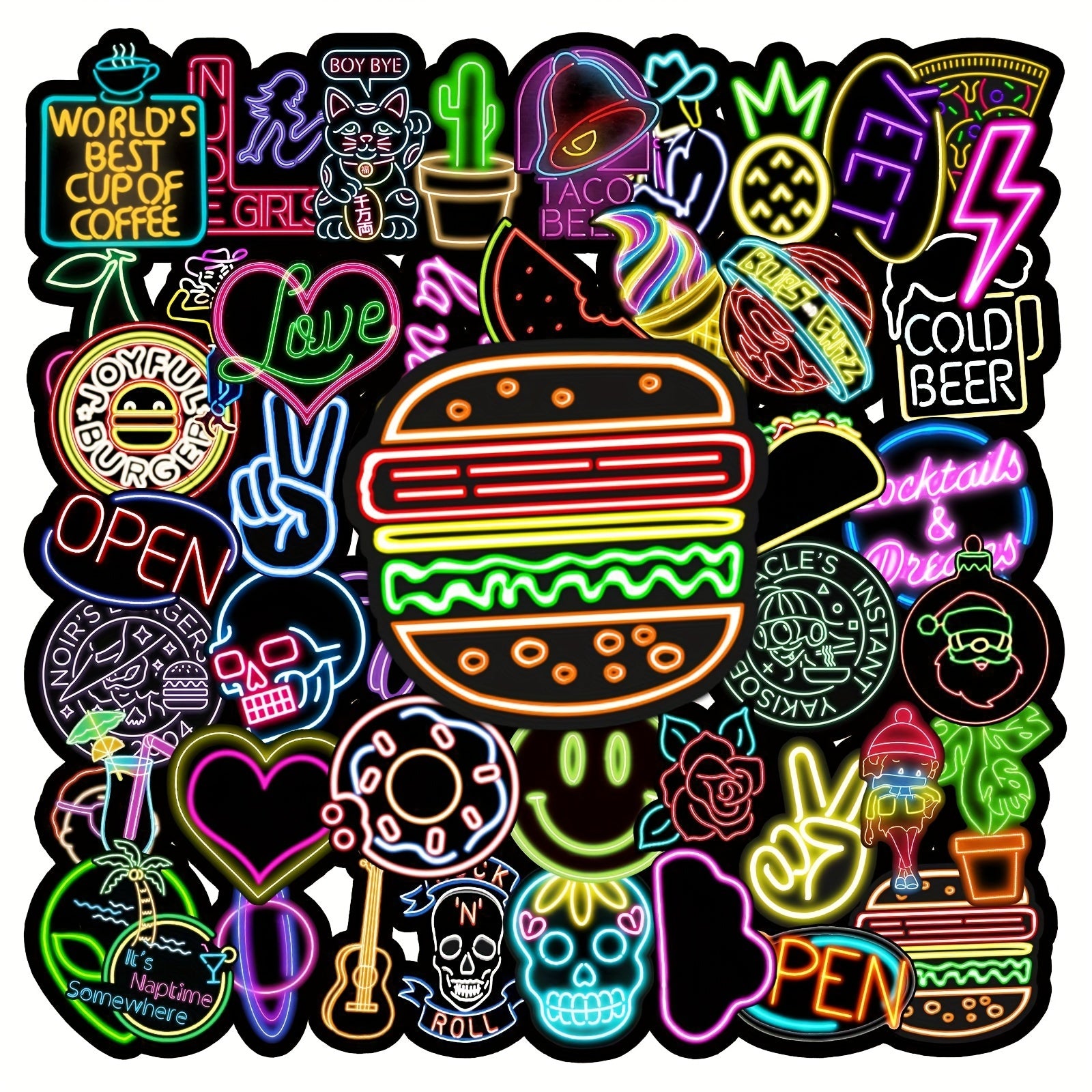 50pcs Neon Light Cake Doodle Birthday Sticker Set