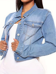 Solid Long Sleeve Crop Denim Jacket