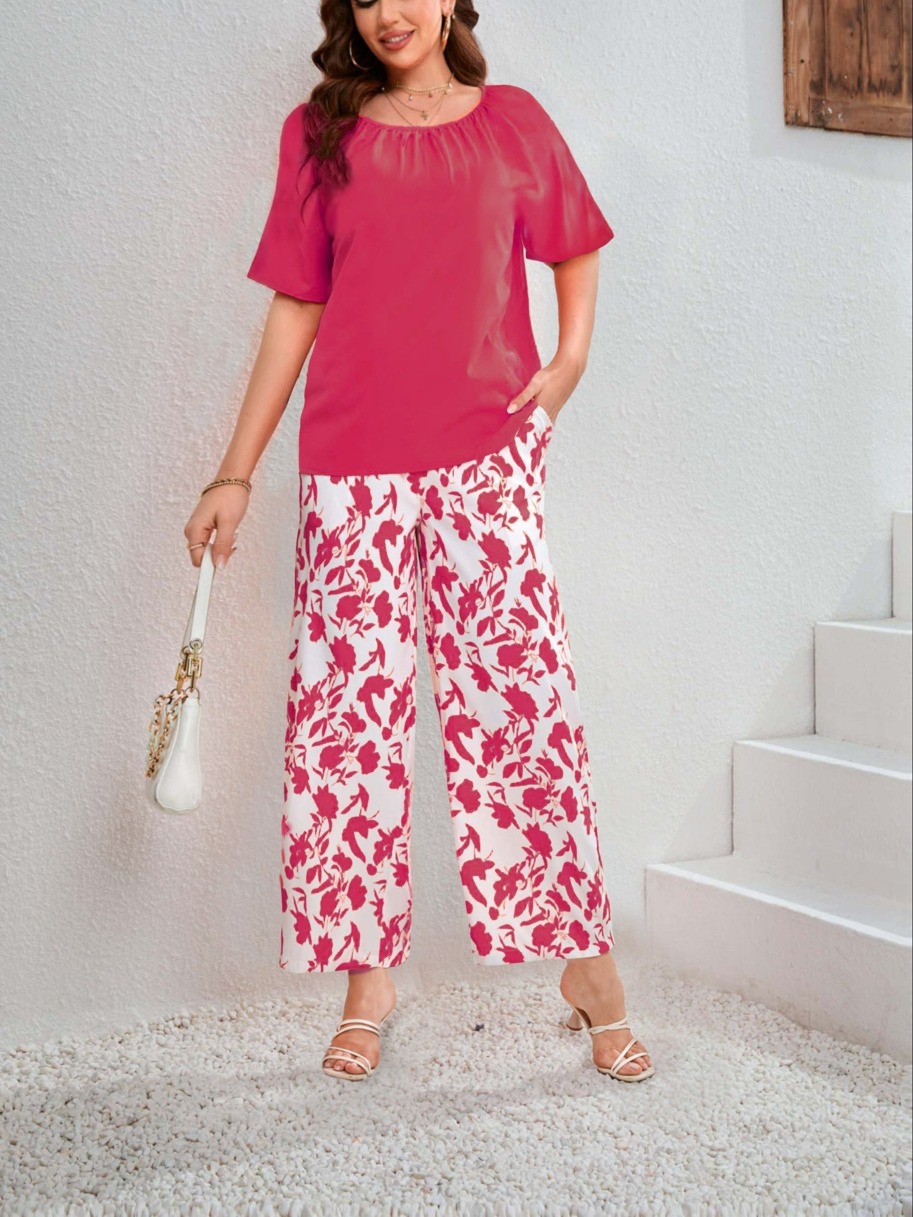 Casual Outfits 2 Piece Set - Solid Top & Floral Wide Leg Pants