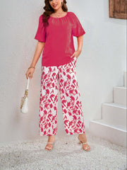 Casual Outfits 2 Piece Set - Solid Top & Floral Wide Leg Pants