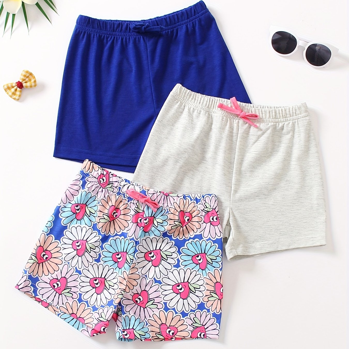 3pcs Girls' Bows Waist Casual Shorts Set For Sports Leisure