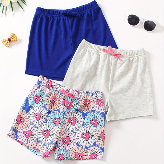 3pcs Girls' Bows Waist Casual Shorts Set For Sports Leisure