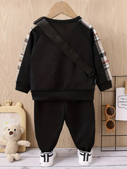 Boys Plaid Pullover Pants Set with Bear Bag