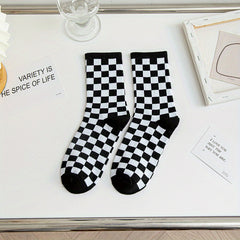 3 Pairs Checkerboard Crew Socks Casual Comfy Mid Tube Socks Women's Stockings