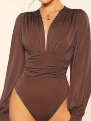 Ruffled V Neck Long Sleeve Bodysuit Women's Clothing