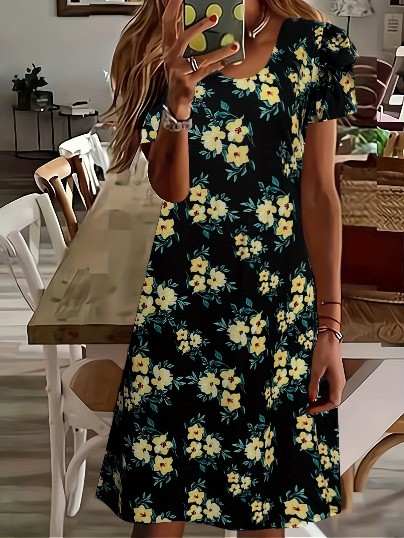 Floral Print Layered Sleeve Round Neck Mini Dress
