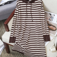 Striped Hoodie Drawstring Long Sleeve Midi Dress Women's Plus