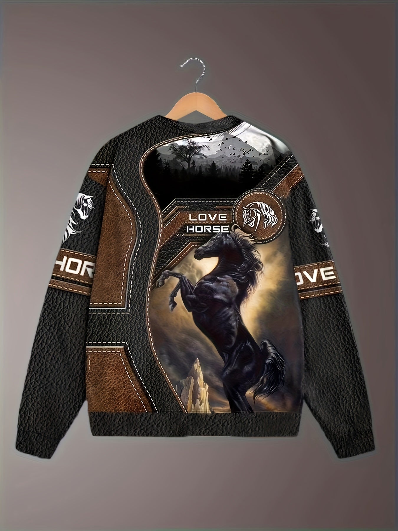 Horse 3D Print Men's Graphic Round Neck Sweatshirt Loose Pullover