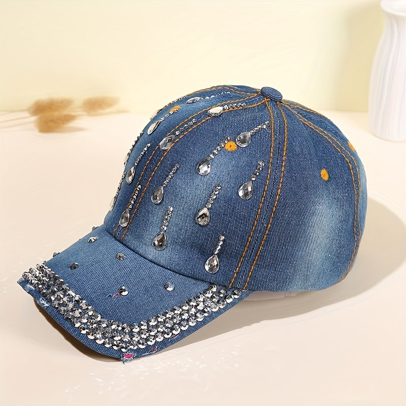 Rhinestone Decor Casual Baseball Cap Unisex Denim Washed Dad Hats