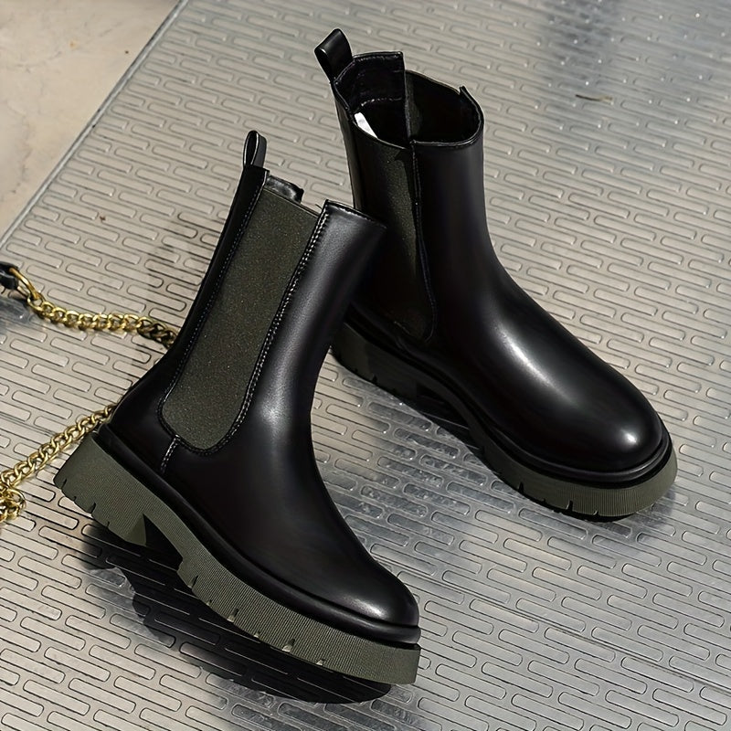 Chelsea Waterproof Snow Boots Faux Leather Flat Mid Calf Boots