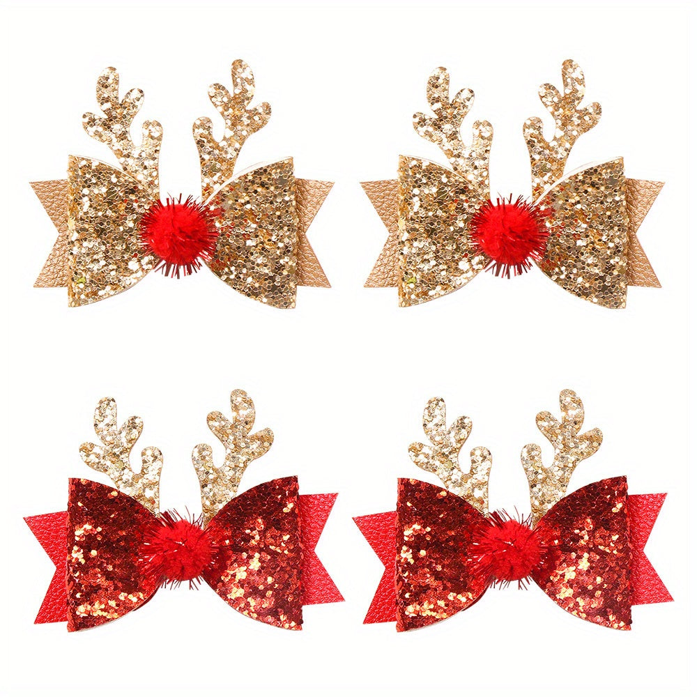 4pcs Christmas Antlers Sequin Bow Hair Clip for Baby Girls