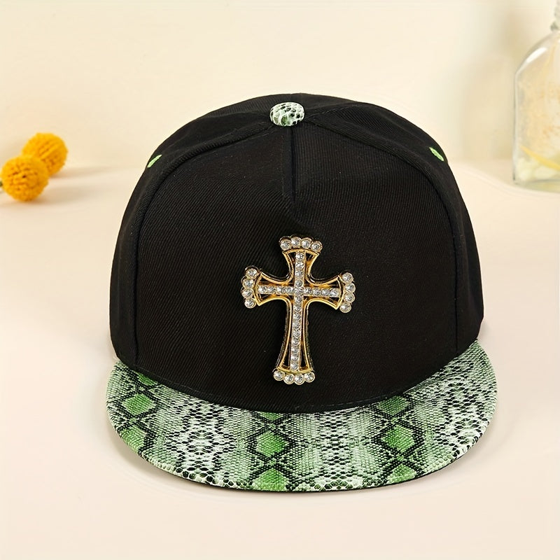 Rhinestone Cross Patch Snapback Hat Green Snake Pattern Sun