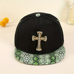 Rhinestone Cross Patch Snapback Hat Green Snake Pattern Sun